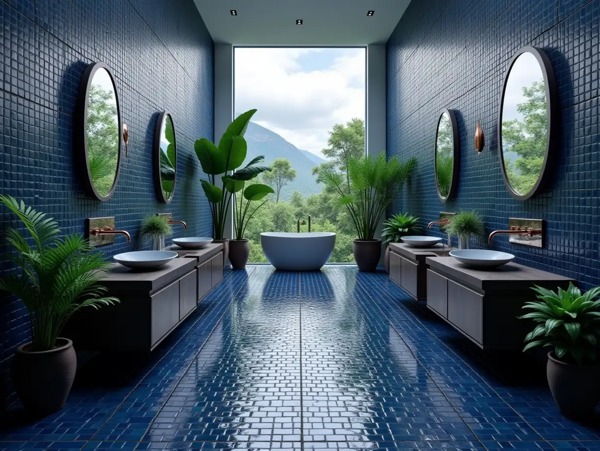 Realistic image of a huge and long bathroom tiled with navy blue tiles, potted plants, mirrors, open-air bathroom, dark black sky white clouds