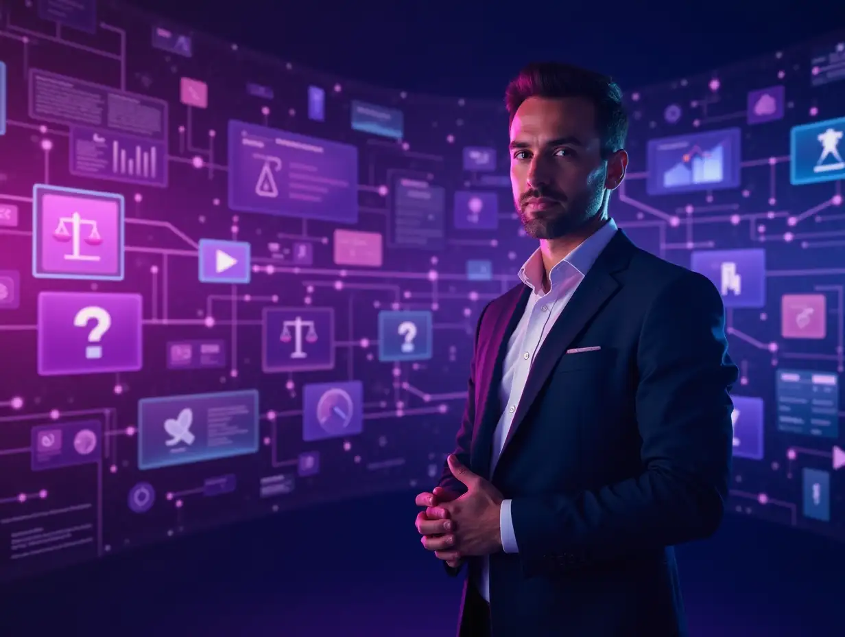 A confident male lawyer standing in front of a digital interface glowing in purple tones, with holographic legal symbols and website elements floating around. Elegant, modern, and professional vibe. Vekalink logo subtly present. Resolution around 2000x1333.