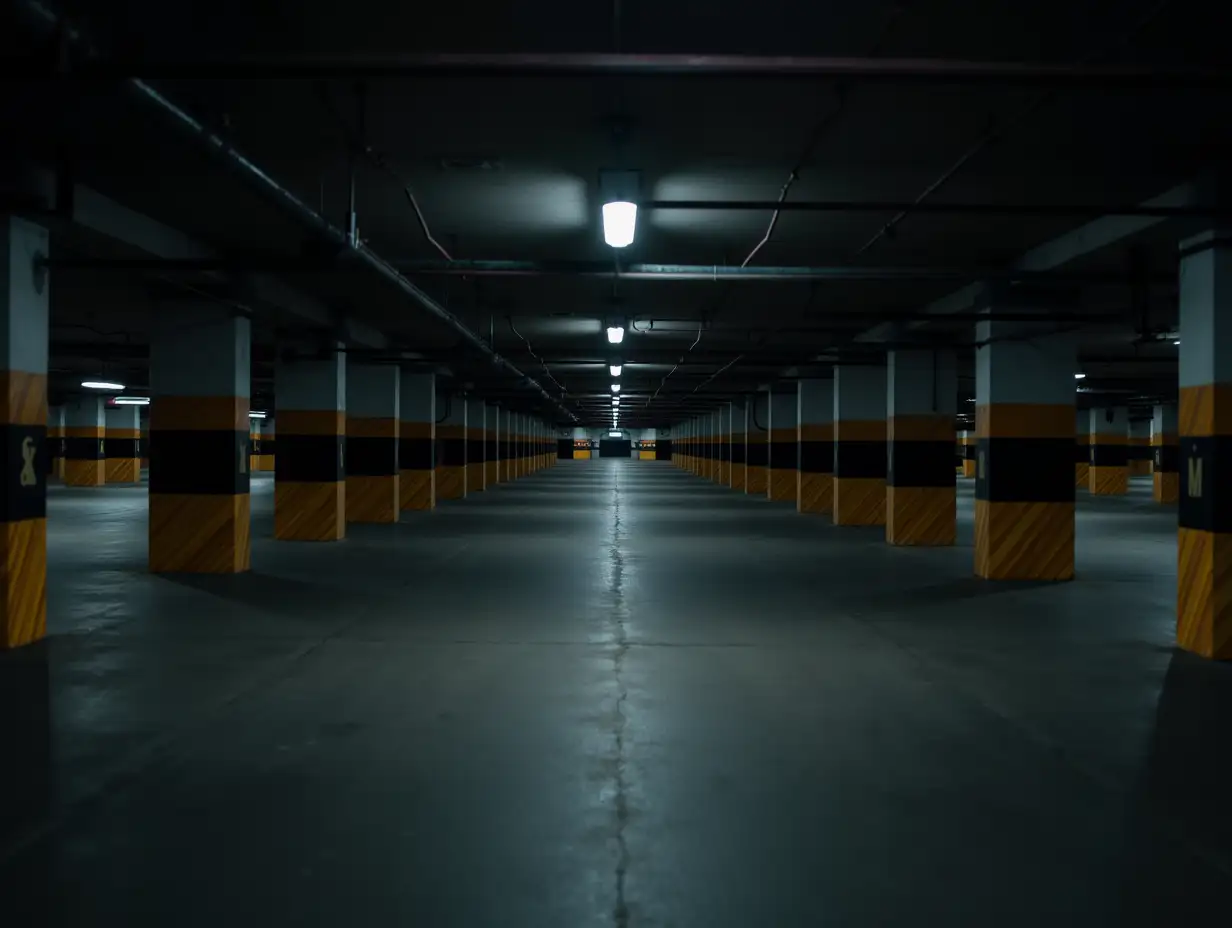 dark underground parking without cars and with black and yellow striped columns