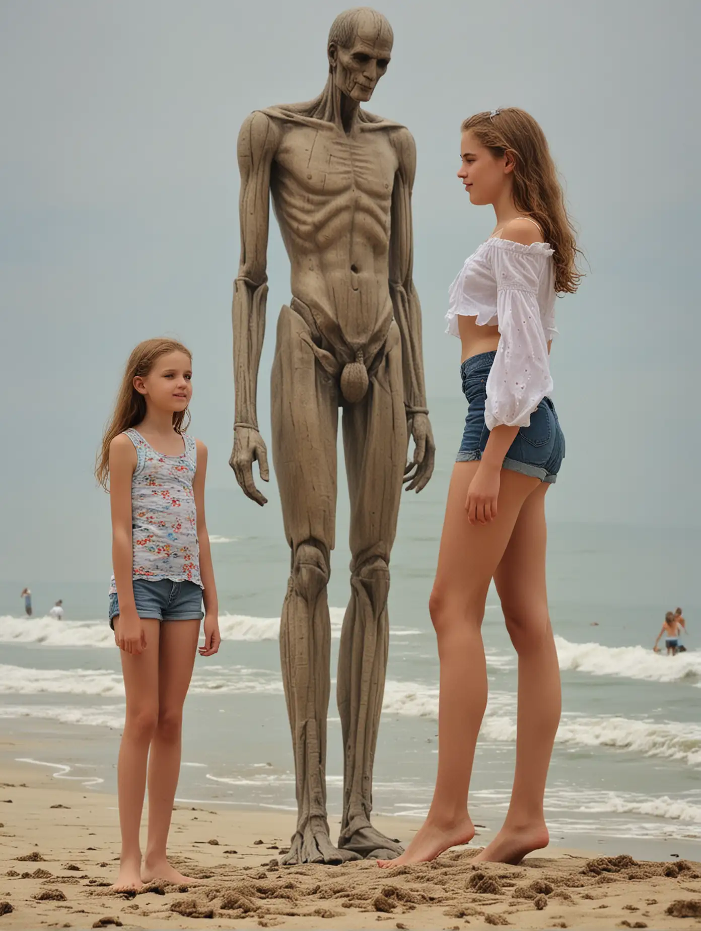 "tall towering giant 13yo girl towering leggy model cute innocent face" "giant 13yo girl taller than little old man"
"little old man at beach with giant girl"
