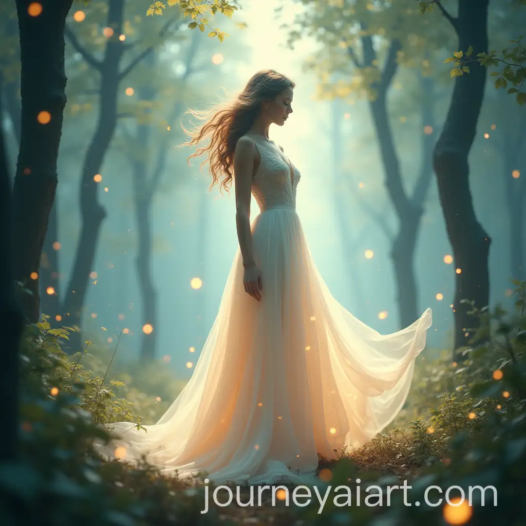 Elegant-Woman-in-a-Mystical-Forest-with-Floating-Spheres-and-Glowing-Trees
