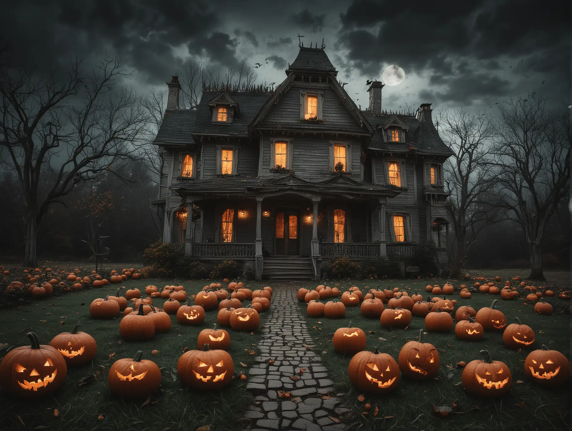 Spooky-Haunted-House-Surrounded-by-Glowing-Pumpkins