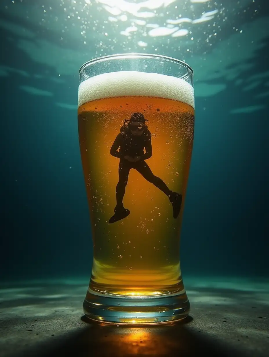 a diver swims at the bottom of a large glass of beer