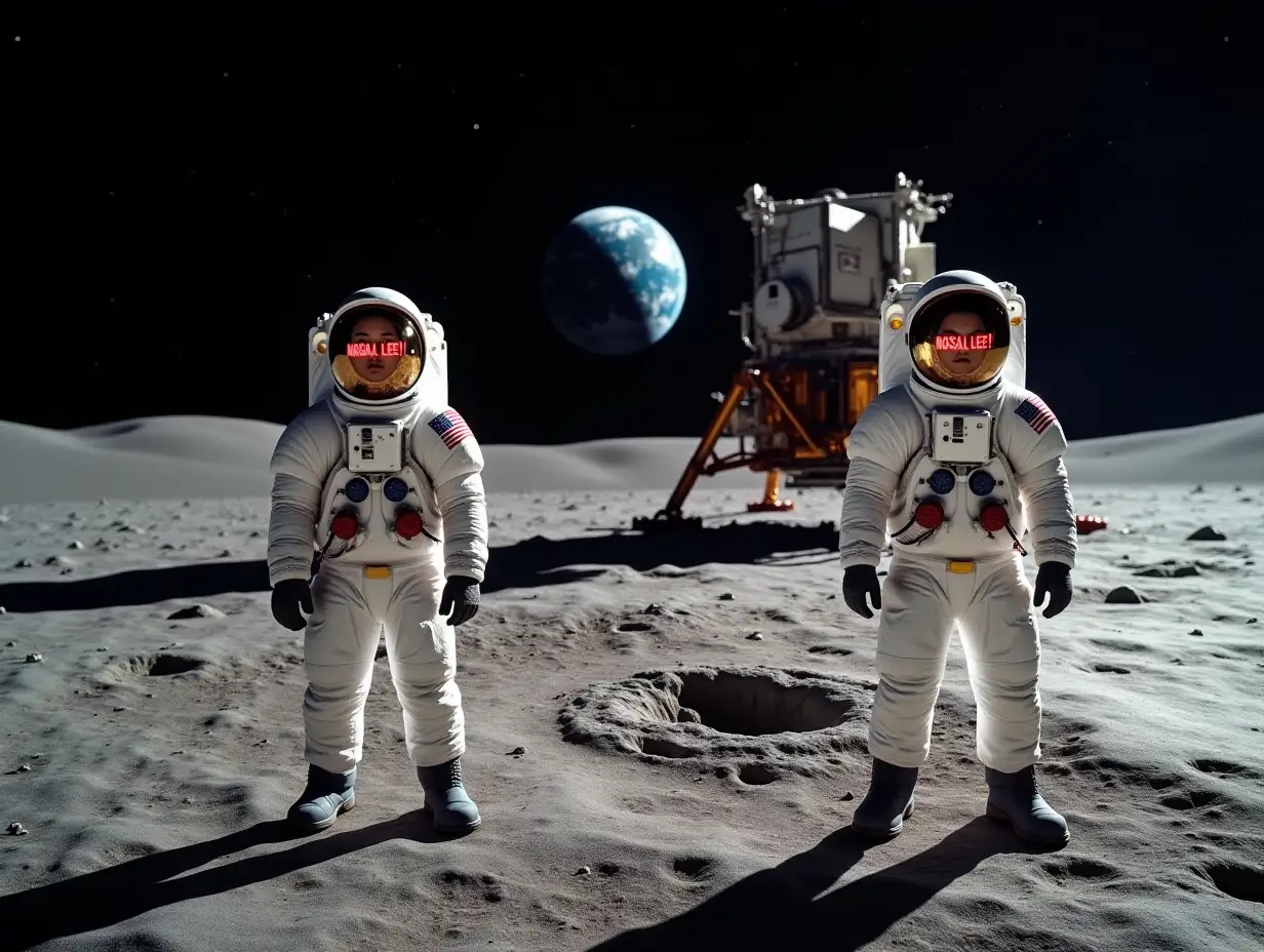 A cinematic wide-angle shot of a lunar landscape with NASA's Apollo lunar landing module in the background, surrounded by a distinct circular blast pattern in the moon's dusty surface. Two astronauts, one male and one female, stand prominently in the foreground beside the module, wearing pristine white NASA spacesuits with clear American flag patches. The NASA logo on their suits has been provocatively modified with the words 'NASA LIES!' written across it in bold red text. Their faces are fully exposed without helmets, showing calm expressions despite the impossible vacuum of space, creating a striking contrast that emphasizes the conspiracy theory narrative. The Earth is visible in the black star-filled sky, and long shadows stretch across the cratered lunar surface. Digital art style with photorealistic details, dramatic lighting, and high contrast.