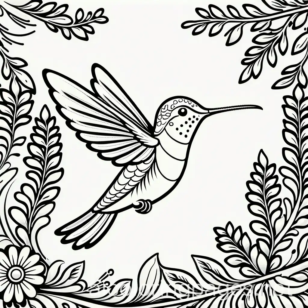 a whimsical hummingbird, Coloring Page, black and white, line art, white background, Simplicity, Ample White Space. The background of the coloring page is plain white to make it easy for young children to color within the lines. The outlines of all the subjects are easy to distinguish, making it simple for kids to color without too much difficulty