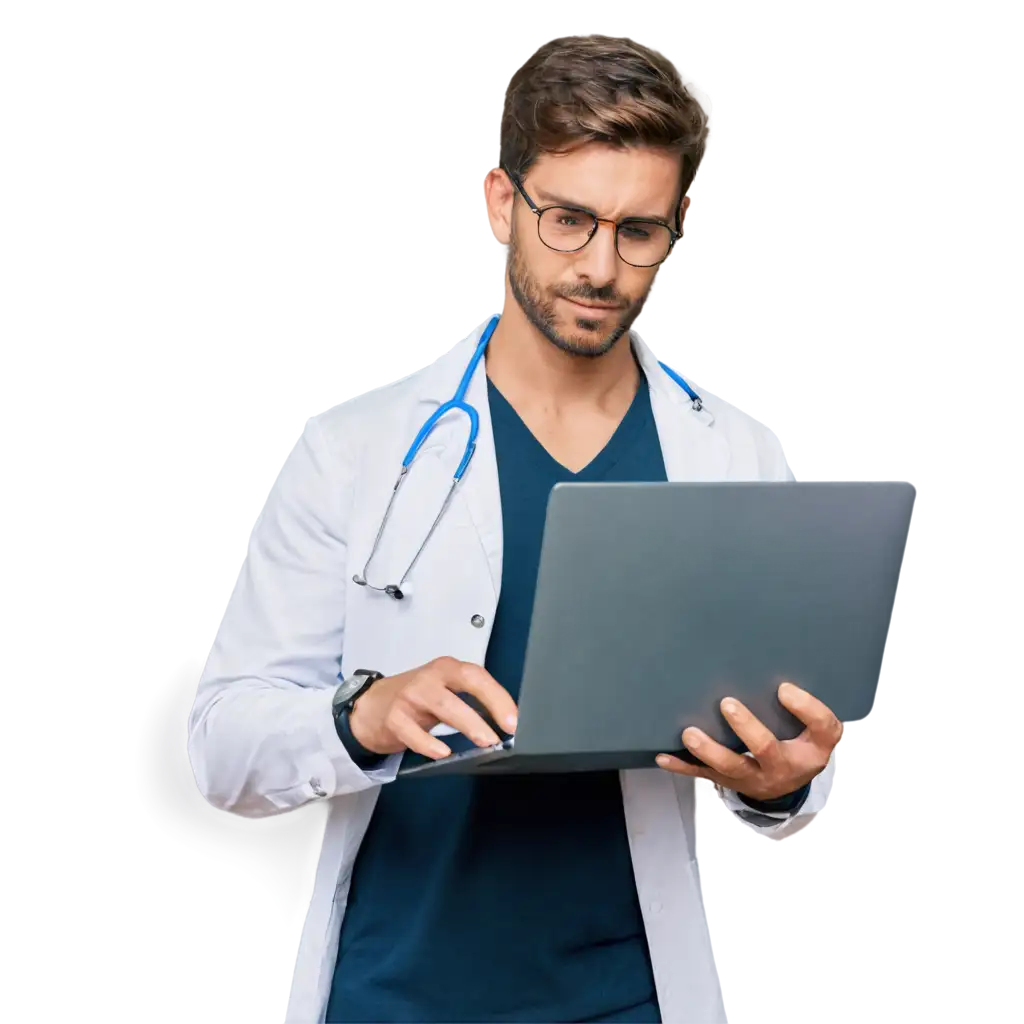 Focused-MalePNG-Image-SEO-Analysis-Doctor-or-Nurse-Working-with-Laptop-and-Documents-PNG-Image-for-Healthcare-Professionals