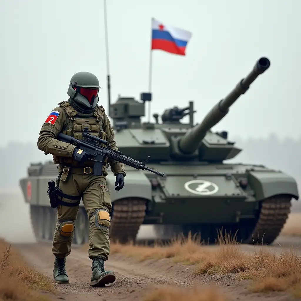 a clone of the republic from star wars in russian army armor, with the Russian flag and a Z patch, holding an RPG-7 grenade launcher, walking near a T-14 Armata tank of the russian army, with a Z mark in white paint on the hull left side, soviet union flag installed on the turret