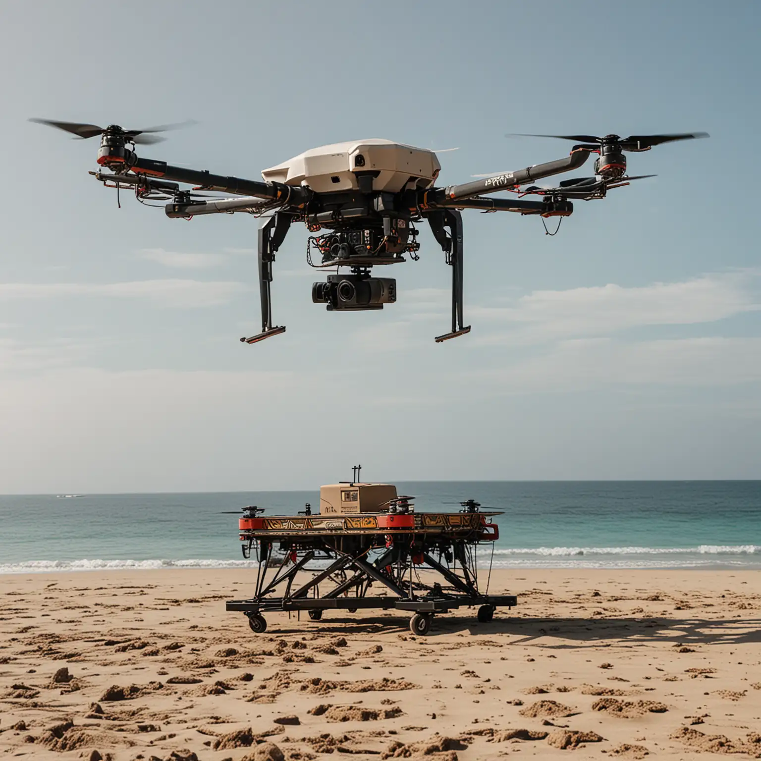 A very large drone with a large load lands on an island in Indonesia on the beach