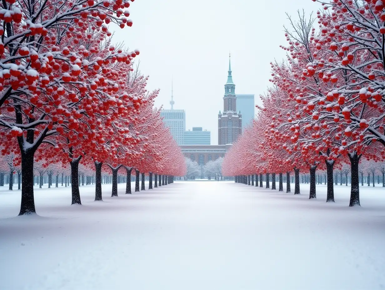 Winter city park at snowfall with red wild apple trees