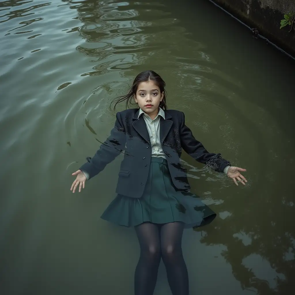 A young schoolgirl in a school uniform, in a skirt, jacket, blouse, dark tights, high-heeled shoes. She is swimming in a dirty pond, lying underwater, all her clothes are completely wet, wet clothes stick to her body, the whole body is underwater, submerged in water, under the surface of the water, below the water's edge.