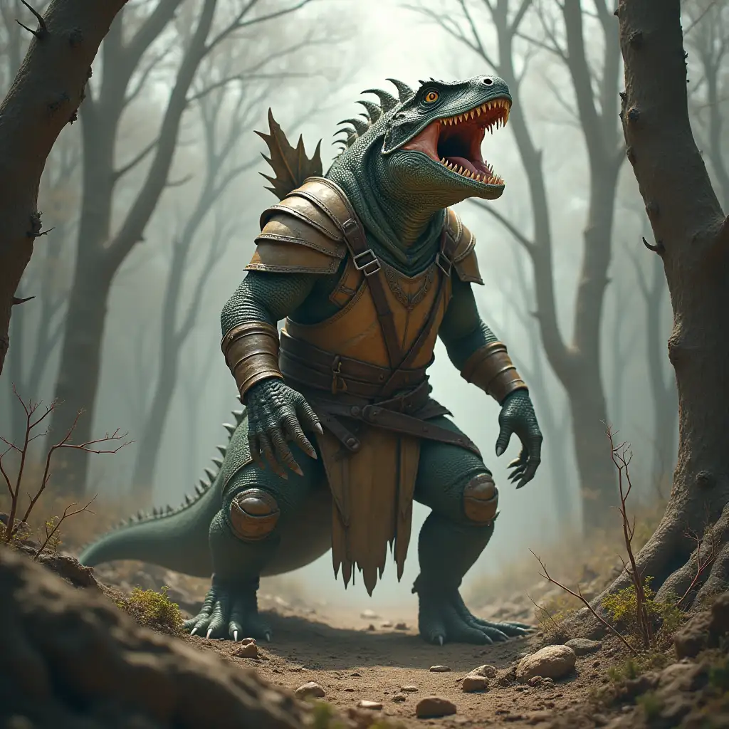 a giant anthropomorphic lizard warrior in a light leather armor roaring in a dead forest