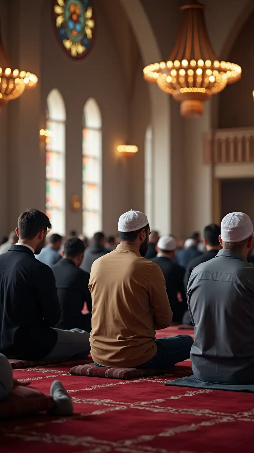 Group of Muslim Men Praying Together in Mosque