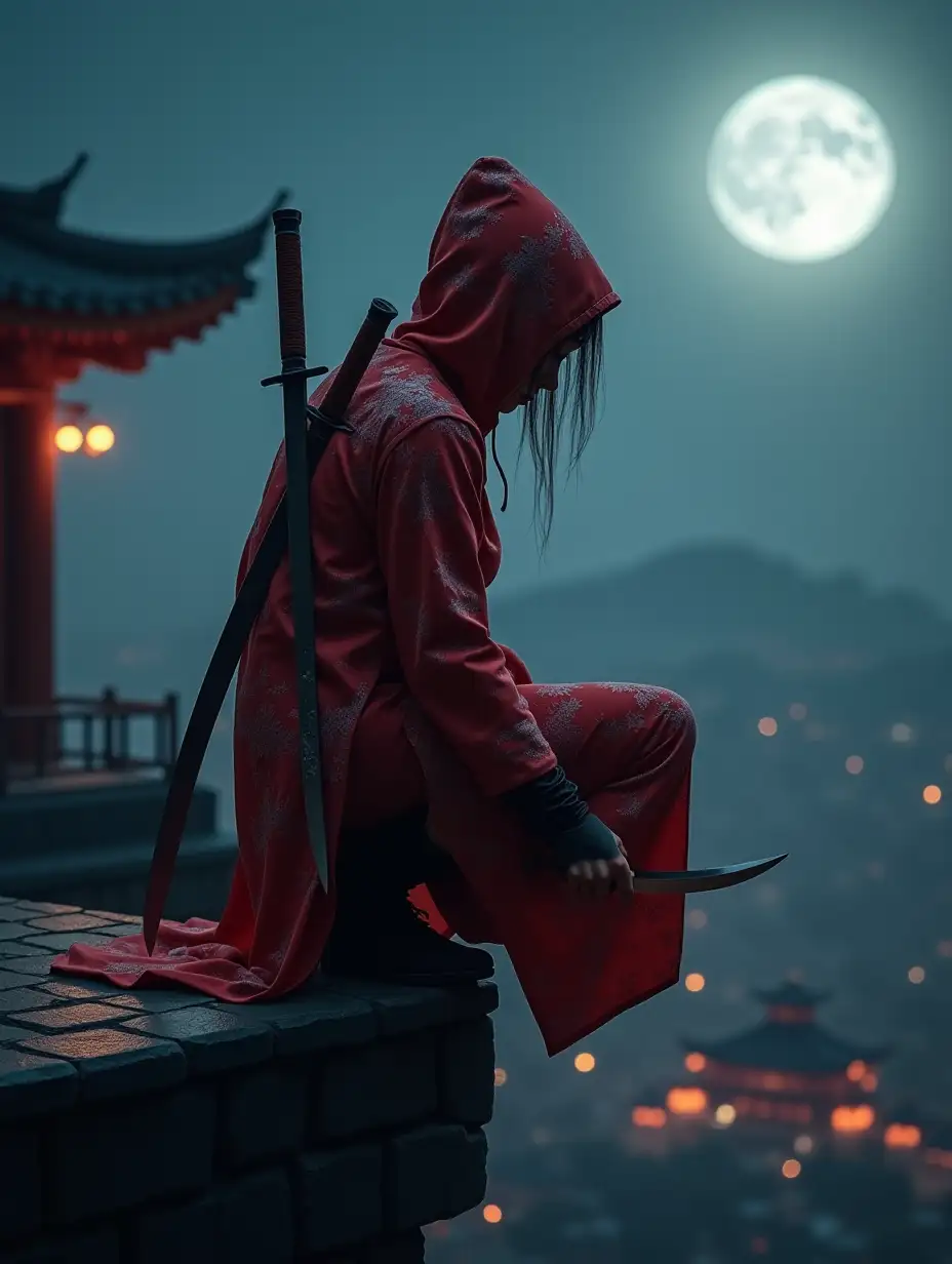 Woman-in-Red-Qipao-Stealth-Suit-Crouching-on-Cliff-at-Night-with-Dual-Knives