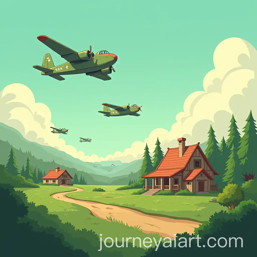 Cartoon-Military-Planes-Bombarding-a-Green-Village