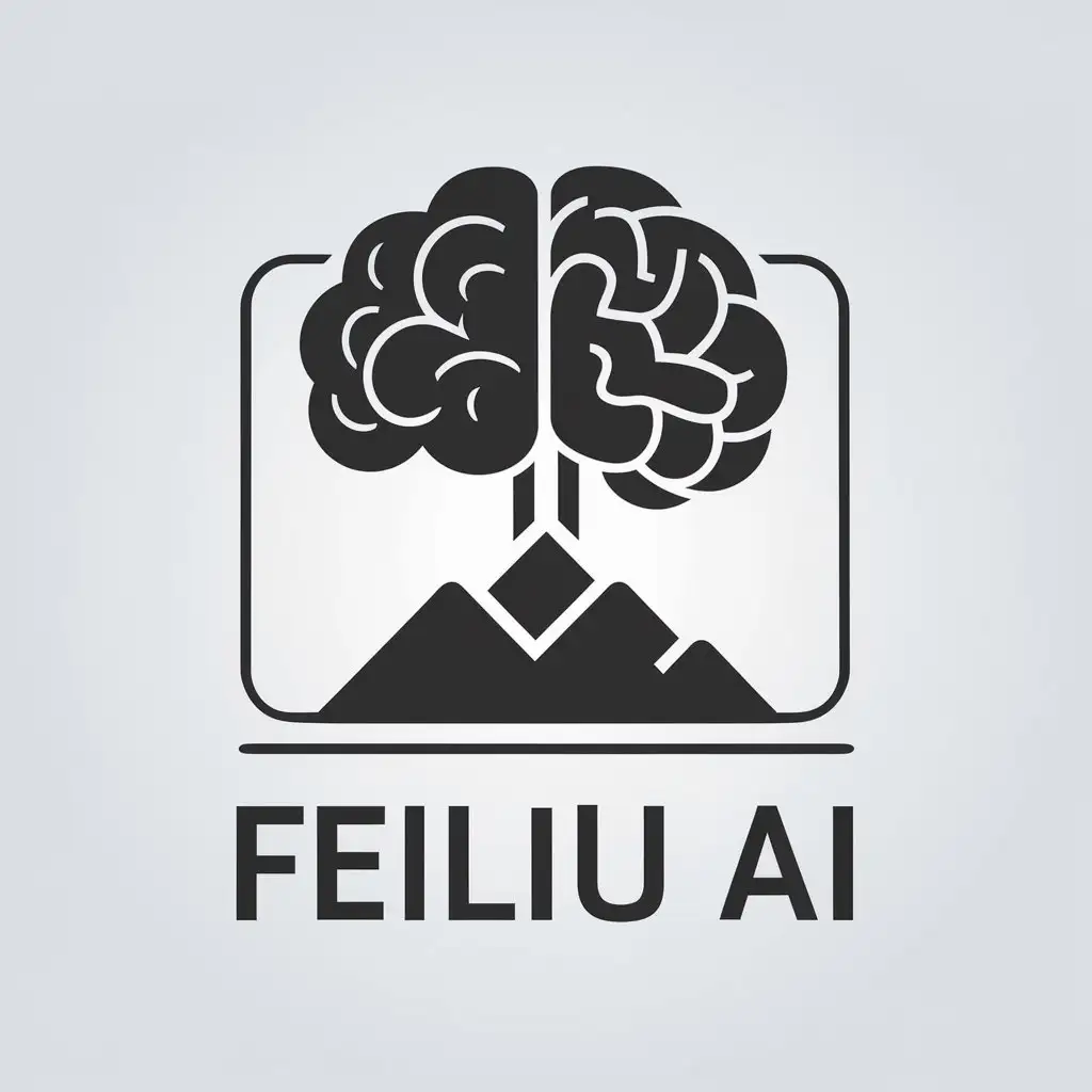 a vector logo design,with the text "FEILIU AI", main symbol:The canopy of the large tree is the brain, the top of the mountain, the rectangular rounded corners, the projection,Minimalistic,clear background