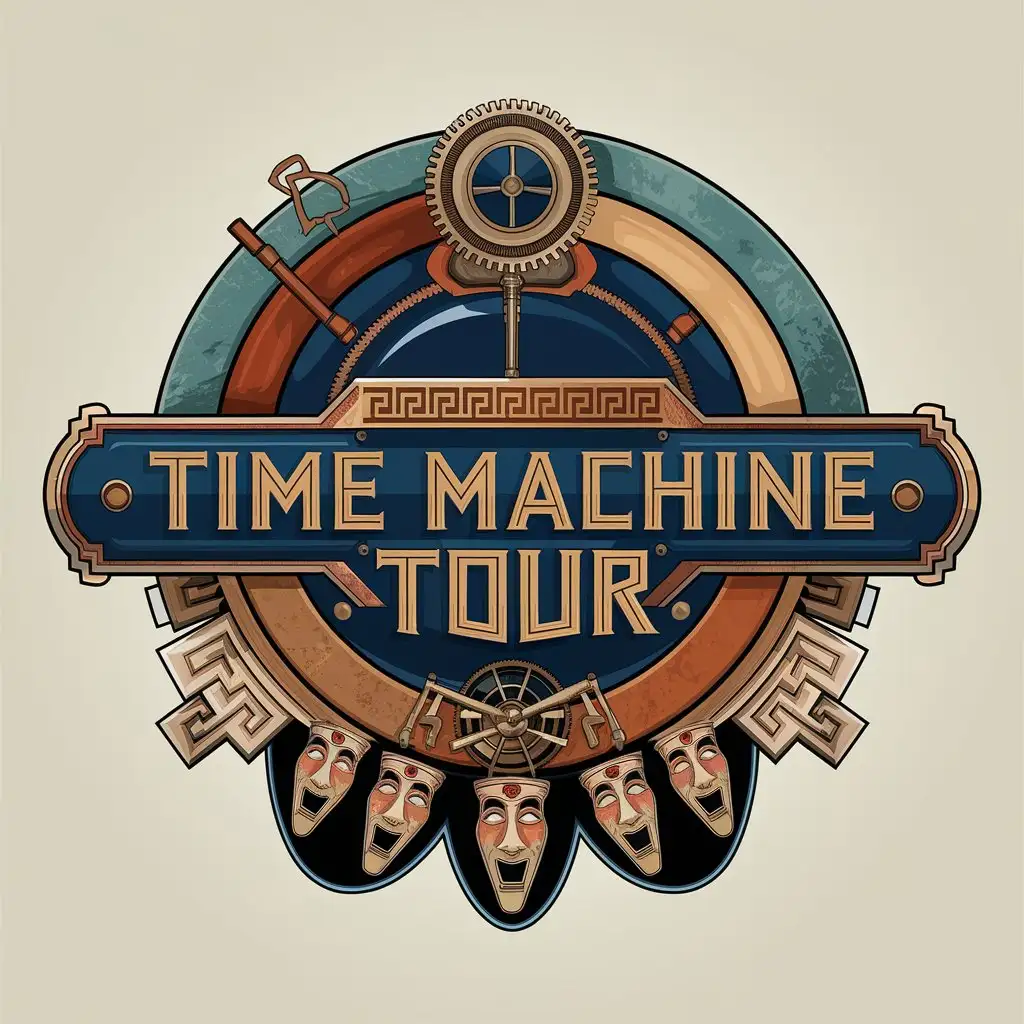 LOGO Design for Time Machine Tour Steampunk Antikythera Mechanism with Gears Greek Key and Theatre Masks