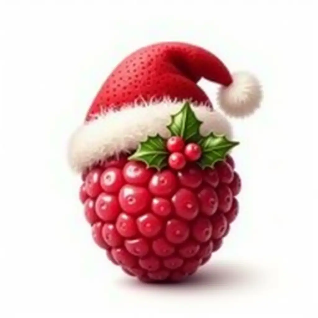 A realistic raspberry with detailed texture, wearing a red Santa hat and decorated with holly leaves and berries. Festive and vibrant, set on a white background.8k