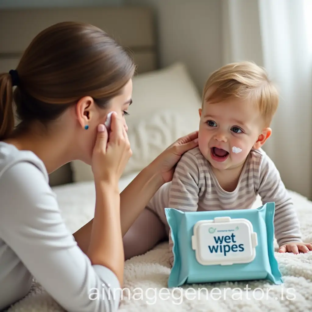 Mom-Cleaning-Childs-Face-with-Wet-Wipes-in-Bedroom