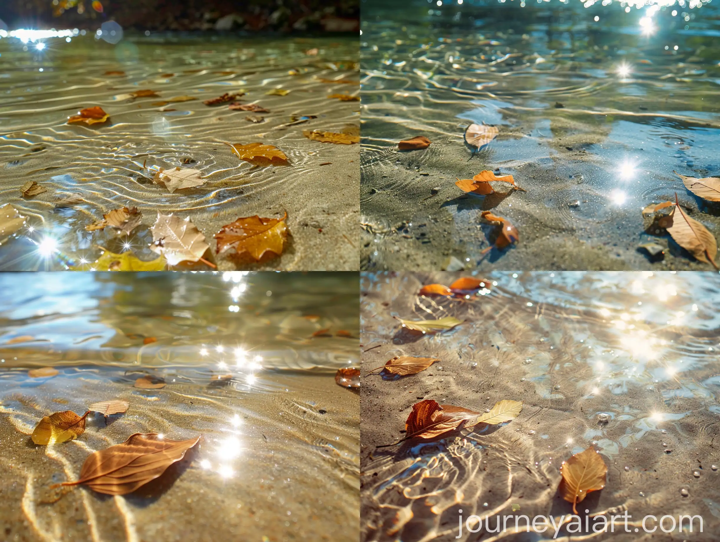 Sun-Glare-on-Water-Surface-with-Leaves-in-Stream