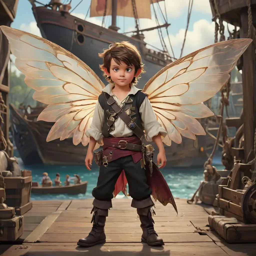 Young Boy Fairy with Pirate Ship Background