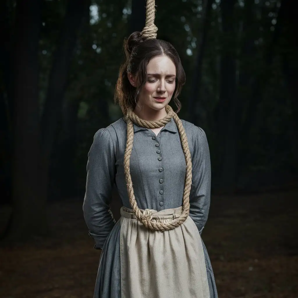 Young Woman in 1800s Texas Forest with Hanging Noose