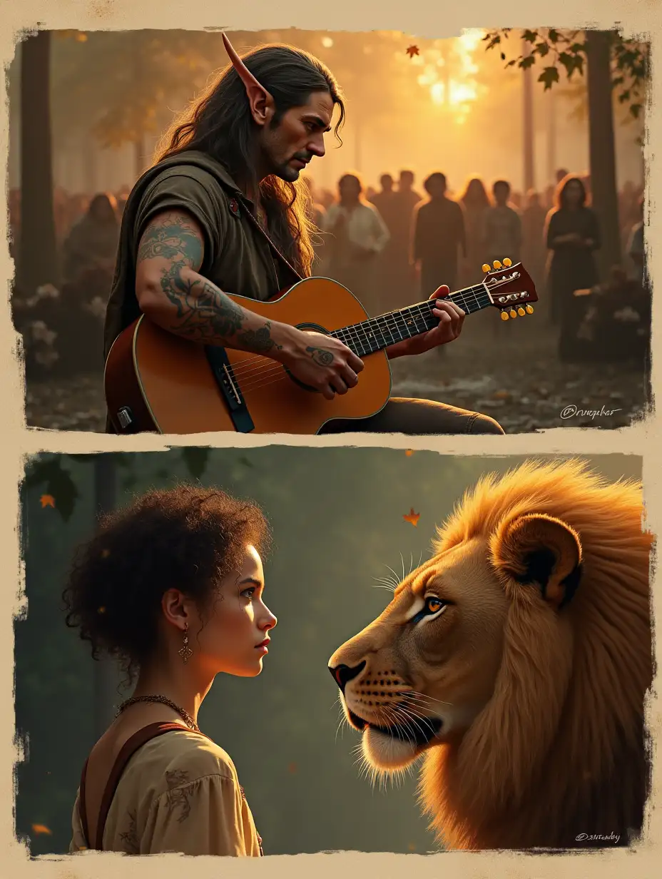 High-resolution fantasy art collage: rectangular frames, hyperrealistic style. Warm autumnal color palette, epic lighting effects.  One frame: light-skinned, weathered-faced character with pointed ears and tribal tattoos plays acoustic guitar to a blurred crowd.  Second frame: serene young woman with curly hair, light skin confronts a majestic lion.  Magical, otherworldly, cozy ambiance. Professional quality.