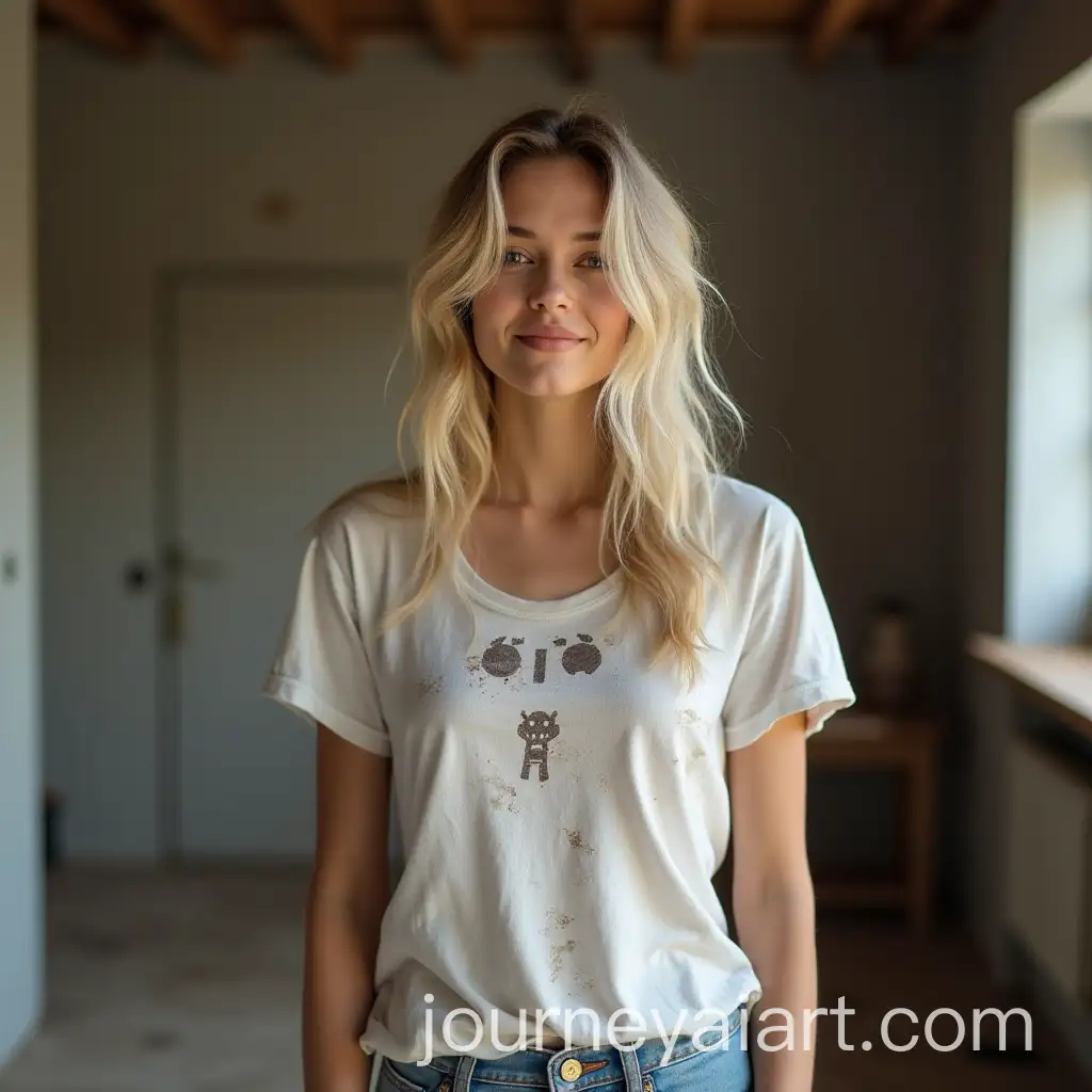 Blonde-Asian-Girl-Preparing-Home-for-a-New-War-in-Casual-Clothing