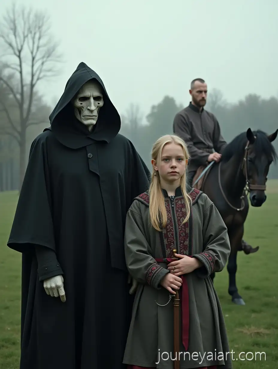Ukrainian-Cossack-with-a-Blonde-Girl-and-a-Black-Horse-under-a-Gray-Sky