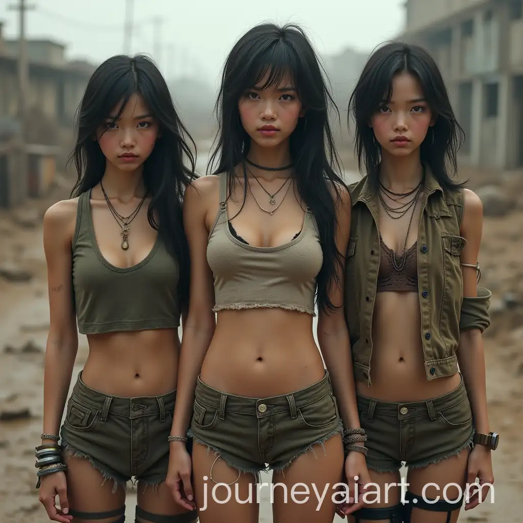 Three-Model-Asian-Girls-in-PostApocalyptic-World-with-Dirty-Clothes