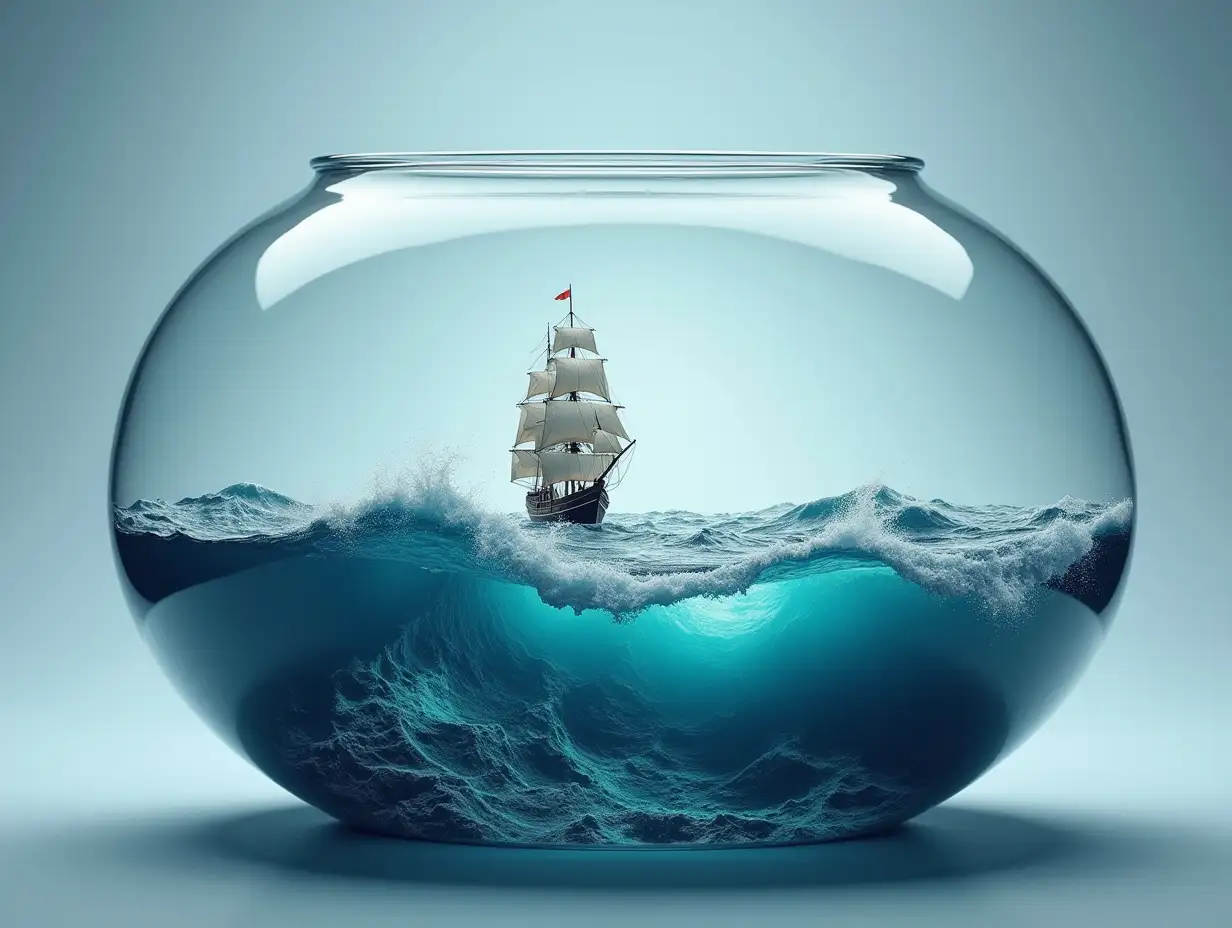 Create an oval glass container with a sea of large waves, a big sailing ship and a 4K resolution flash