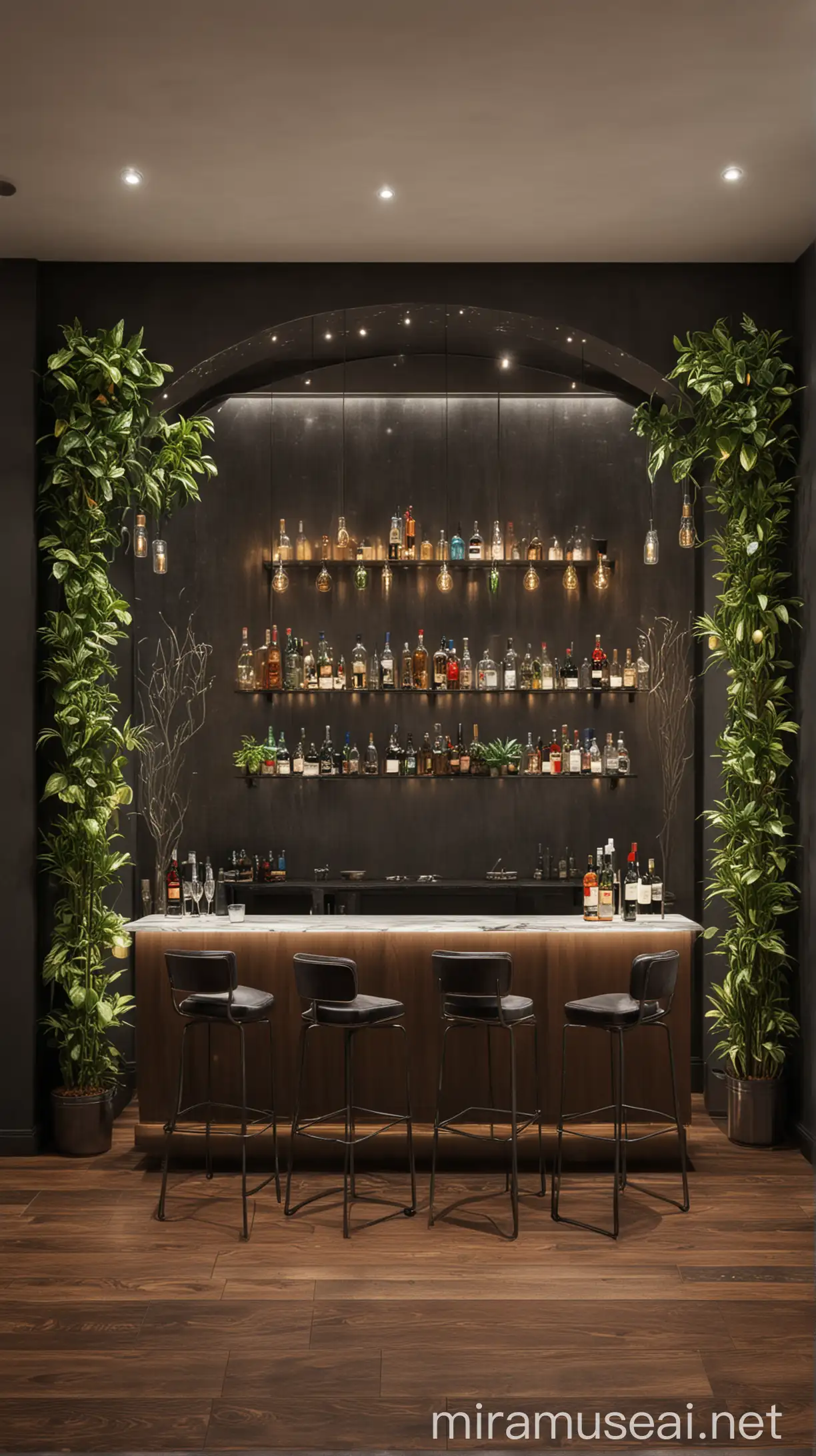 Contemporary Luxury Bar Interior with Archs LED Lighting and Plush Stools