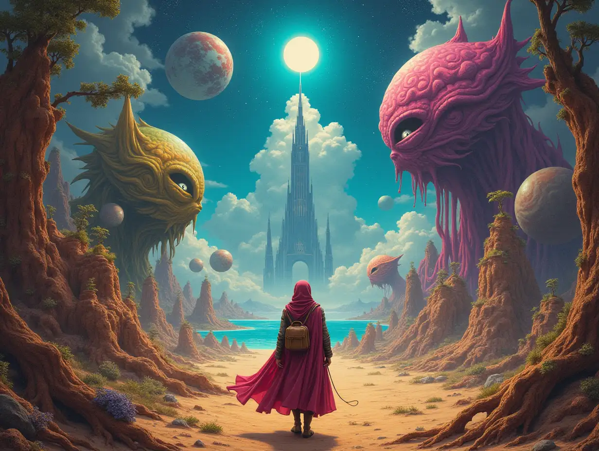 Hyperrealistic portrait of a multiverse time traveller and different alien beings, elaborate detailed, colorful forest-desert in the background, with an utopian tower and sea