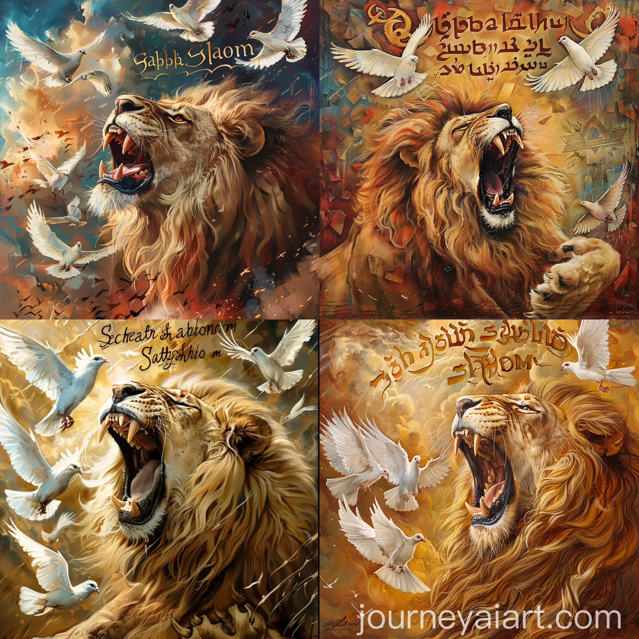 Roaring-Lion-with-White-Doves-and-Shabbat-Shalom