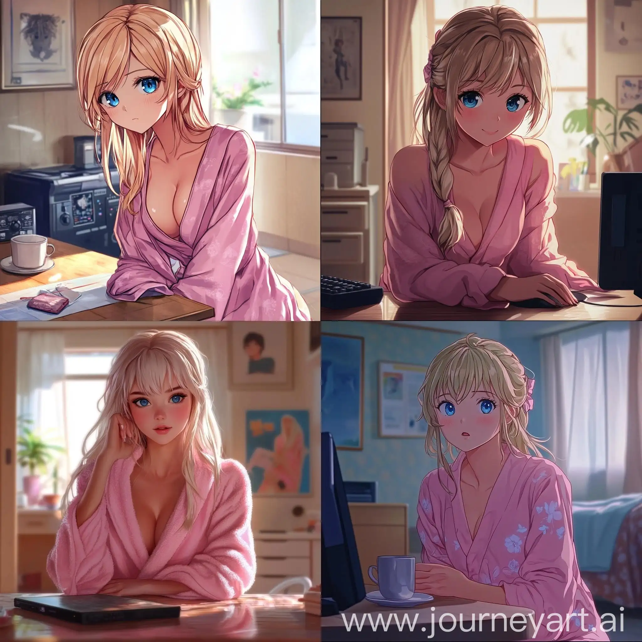 Anime-Girl-with-Blue-Eyes-and-Blonde-Hair-in-Pink-Bathrobe-at-Computer-Game-Table