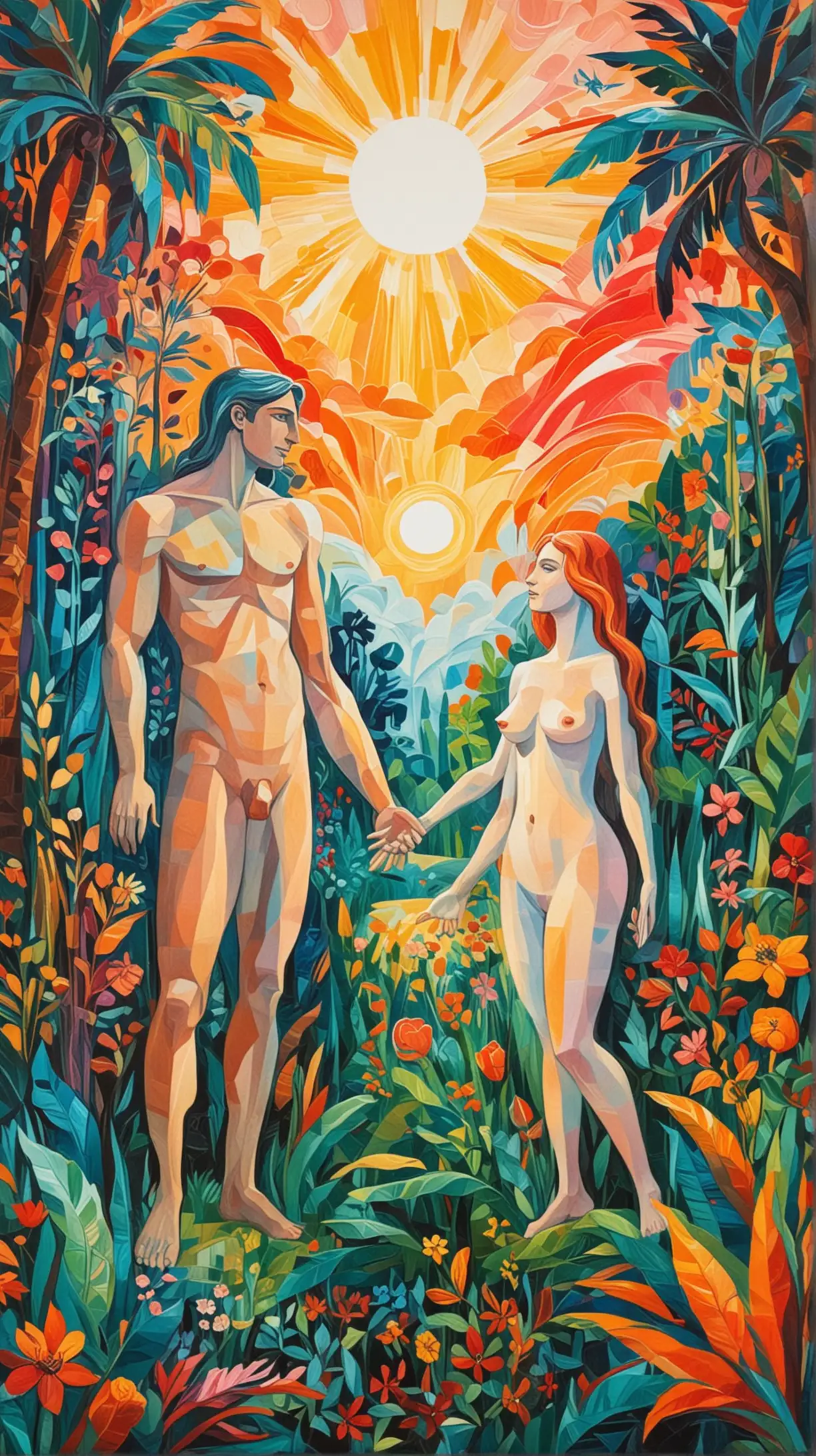 PicassoInspired Impressionist Sunrise in Eden with Adam and Eve