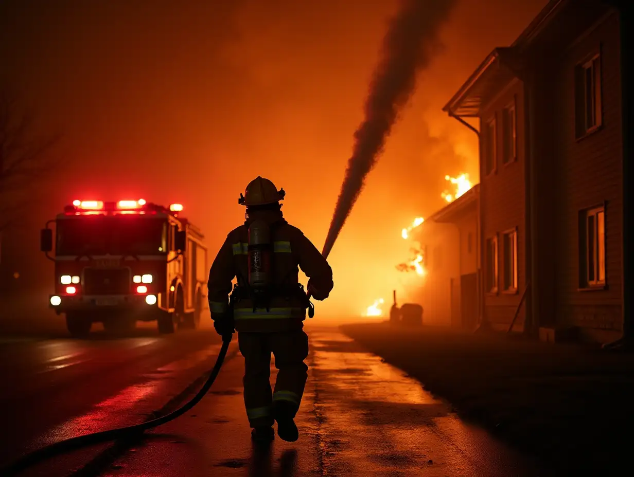 A fireman swiftly approaches a raging fire inside a residential building, which has broken out in the middle of the night. Thick, dark smoke billows from the windows, as the sound of crackling flames fills the air. The scene is bathed in the flickering orange glow of the fire, contrasting with the surrounding darkness. In the background, a state-of-the-art fire truck with flashing lights and a powerful water pump stands ready, its metallic surface reflecting the chaotic environment. nnThe firefighter, clad in full gear—helmet, protective coat, and gloves—moves with determination. He grips a heavy, high-pressure fire hose, guiding it towards the inferno. The nozzle of the hose emits a powerful jet of water, creating a dramatic contrast as it hits the flames, sending steam and embers into the air. His movements are precise and professional, showing years of experience as he works to control the fire and prevent further damage to the building. nnThe camera captures the intense heat of the scene, the firefighter's focus, and the ever-changing patterns of the fire. The scene is shot with a cinematic, high-definition quality, highlighting the detailed textures of the firefighter’s gear, the rough exterior of the burning building, and the fluid motion of the water cascading over the flames. The tension in the air is palpable, as every second counts in this high-stakes rescue operation. The overall look is realistic and immersive, with careful attention to lighting, sound, and atmosphere, creating an emotionally charged, action-packed moment. Realistic detailed scene. Cinematic look.