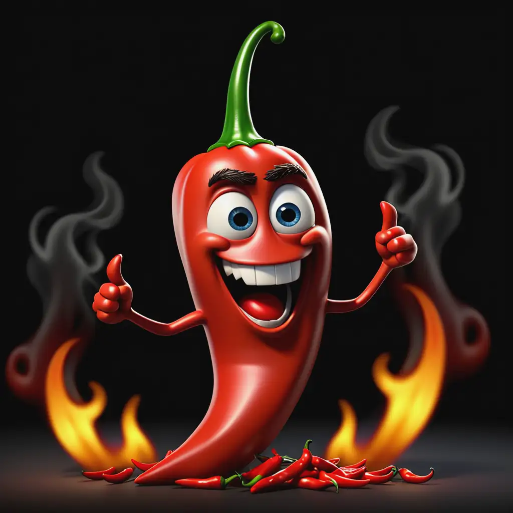 Spicy Chilli Mascot in Fiery Animation Evil Laugh on Black Background