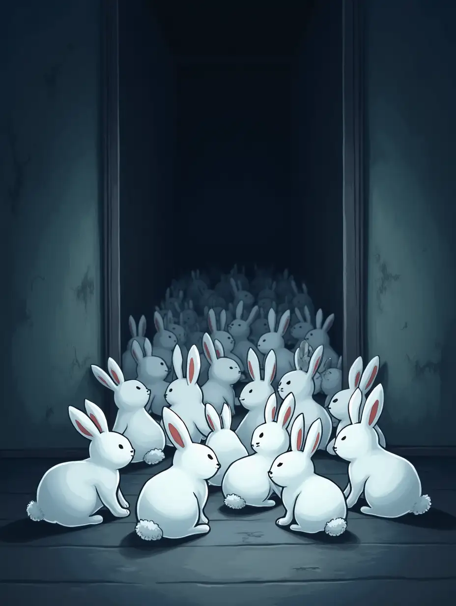 Many cute white rabbits on the floor in the dark and creepy room. The rabbits are drawn in simple doodling style. Anime style.