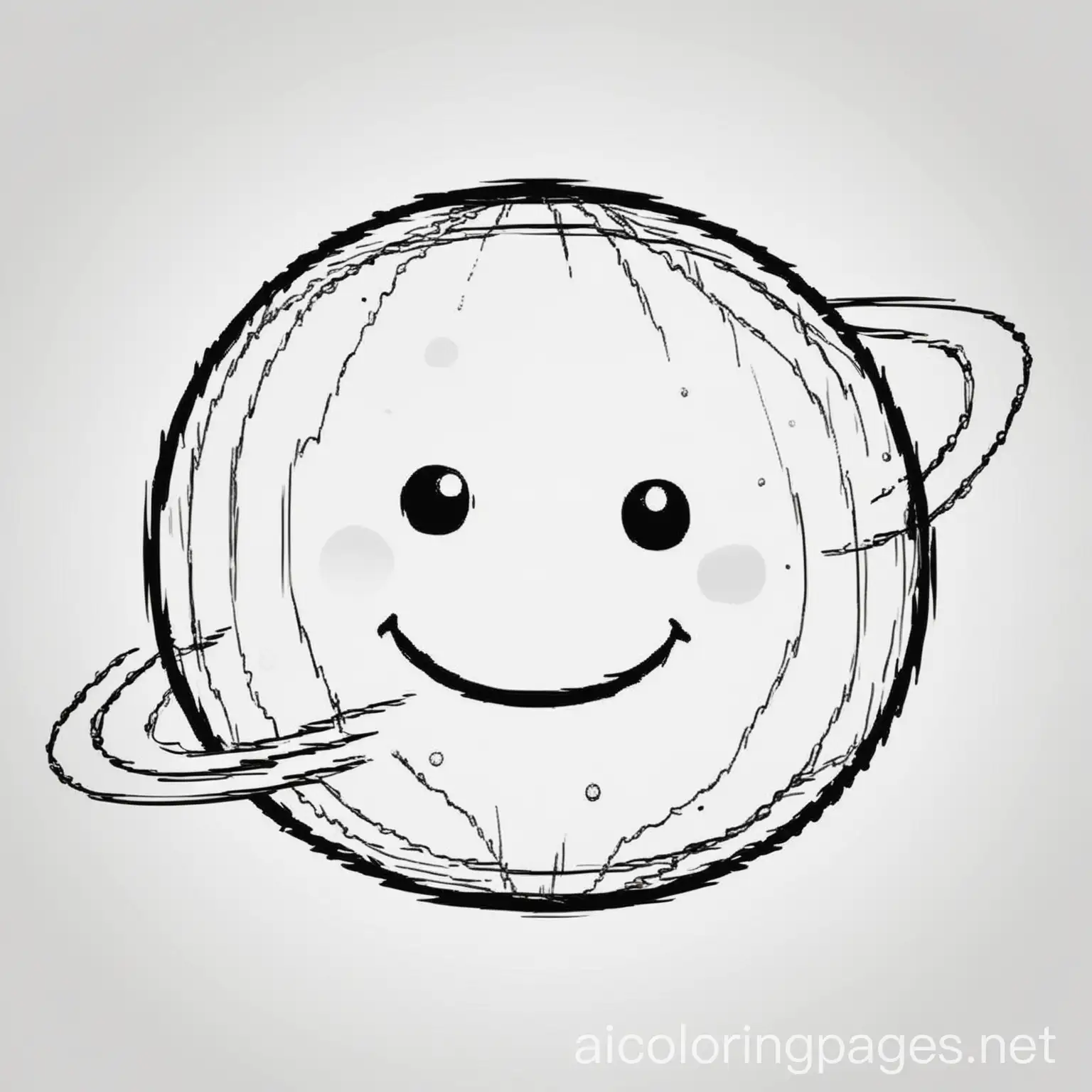 coloring page that is a planet with a smile, Coloring Page, black and white, line art, white background, Simplicity, Ample White Space. The background of the coloring page is plain white to make it easy for young children to color within the lines. The outlines of all the subjects are easy to distinguish, making it simple for kids to color without too much difficulty