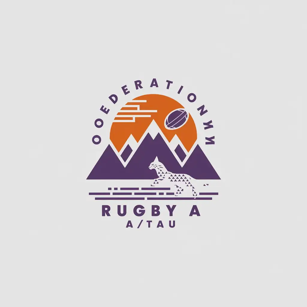 a vector logo design,with the text "OEDERATION RUGBY A/TAu", main symbol:Altai mountains, flying rugby ball ,purple, orange, lynx, russkiy font,Minimalistic,be used in Sports Fitness industry,clear background