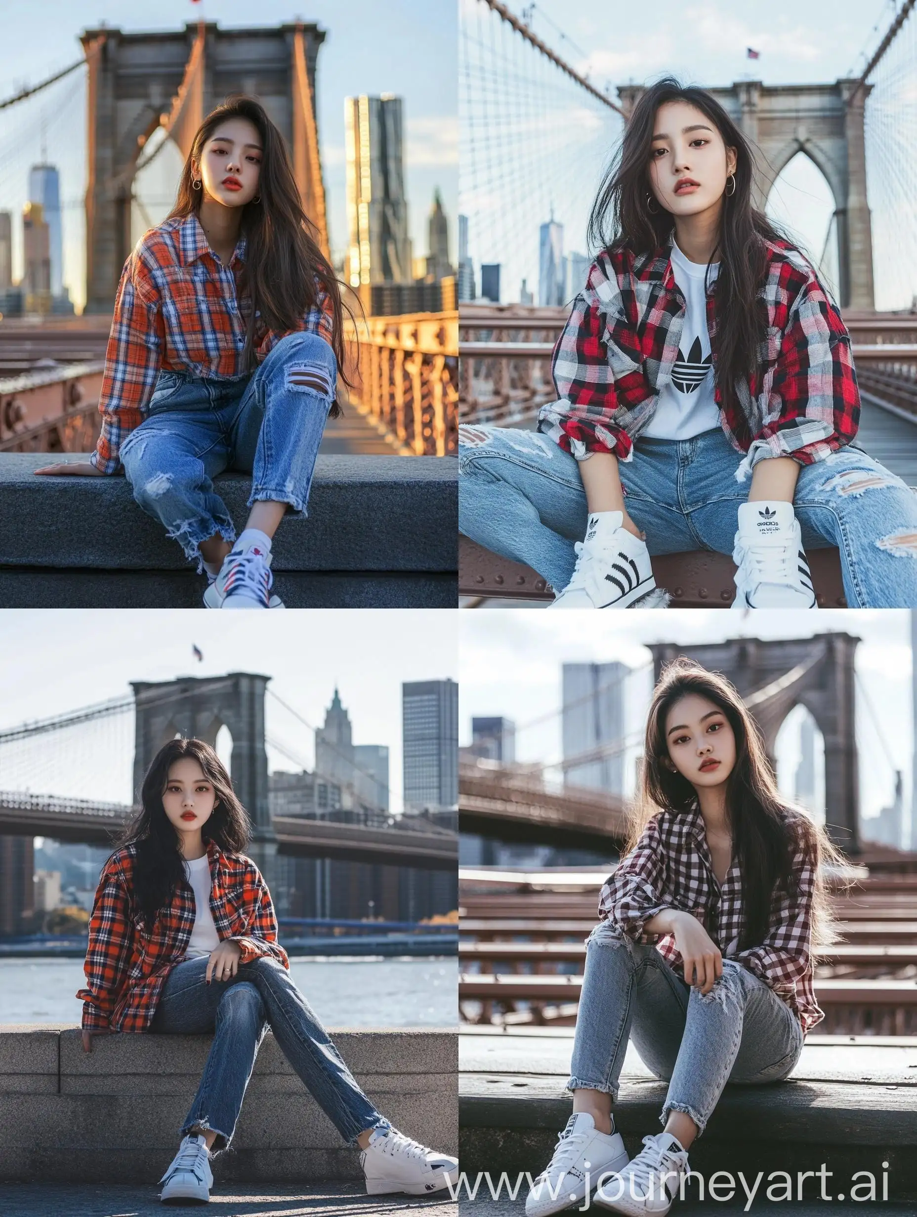 Stylish-Korean-Woman-in-New-York-City-with-Brooklyn-Bridge-Background