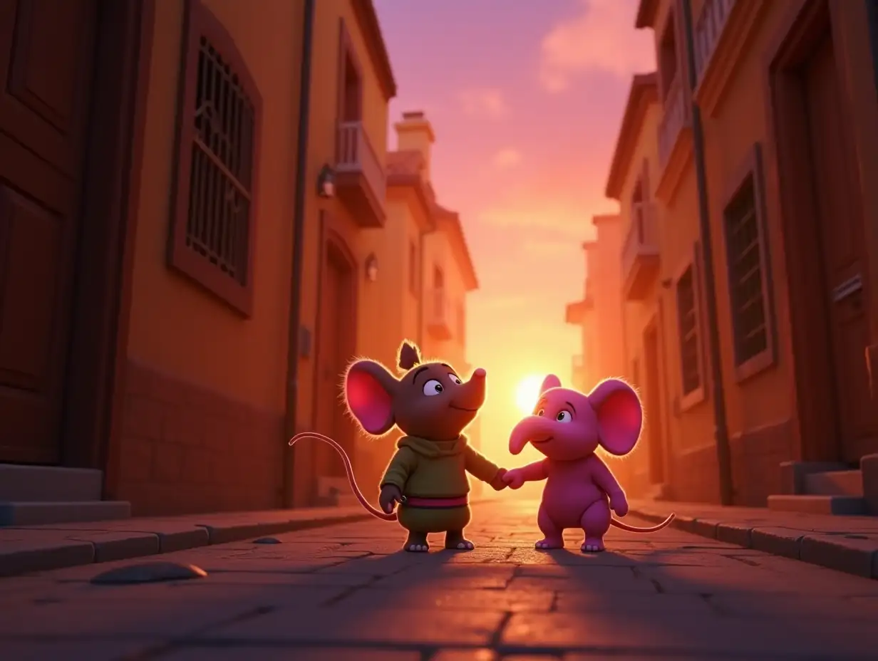 Imagine at dawn and the continuation of the journey, the sun rises, illuminating the street. The little ninja rat and the pink elephant, now calmer and smiling, come out of the alley together, ready to face the next challenge, with the sun illuminating the beginning of a wonderful new day, in Disney-Pixar 3D style, horizontal for youtube.