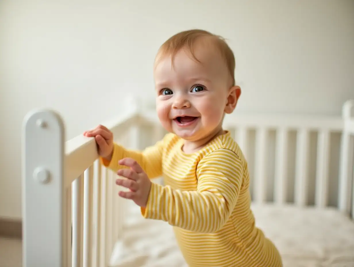 Cute baby boy in a yellow striped outfit trying to stand in his crib. Adorable toddler smiling and exploring his surroundings in a cozy nursery..