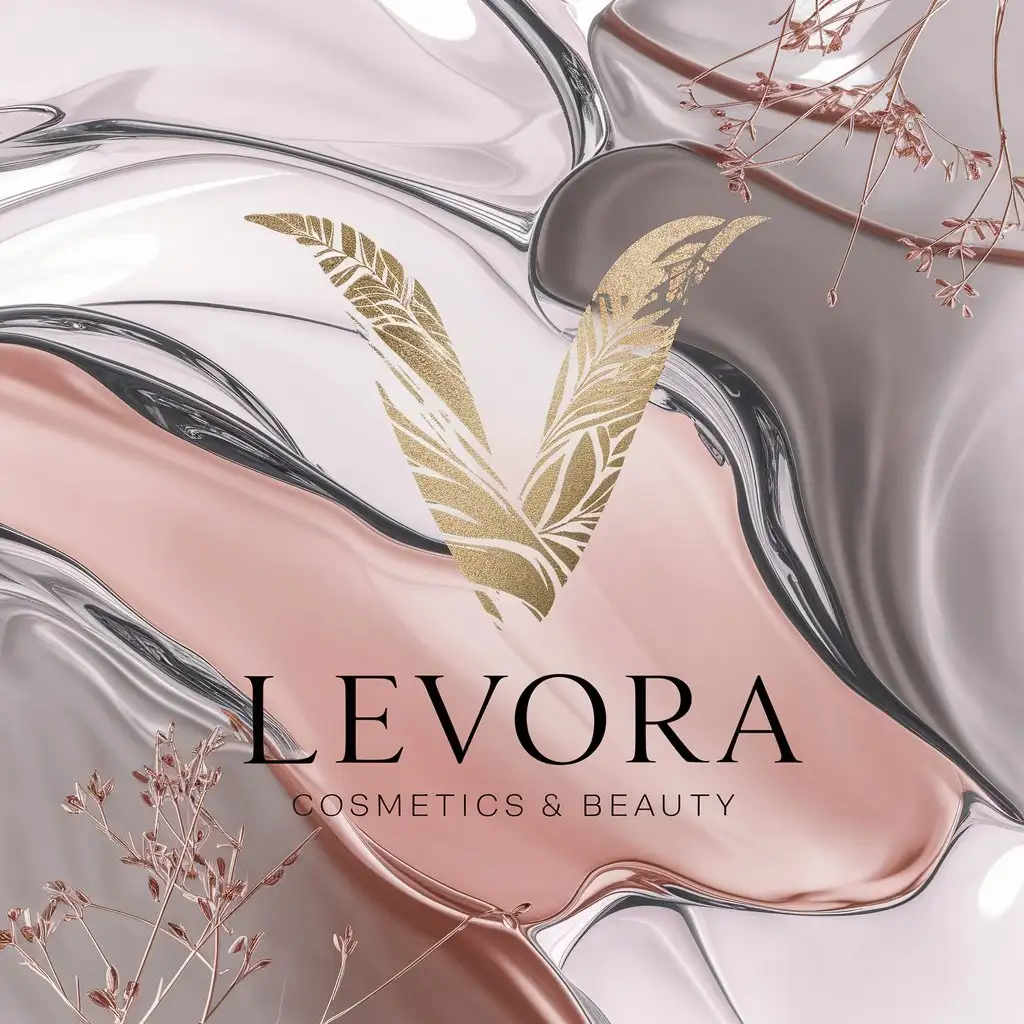 LOGO Design for Levora Cosmetics Beauty Luxurious VShaped Icon with NatureInspired Brushstroke Soft Pink Chocolate Gray and Gold Essence