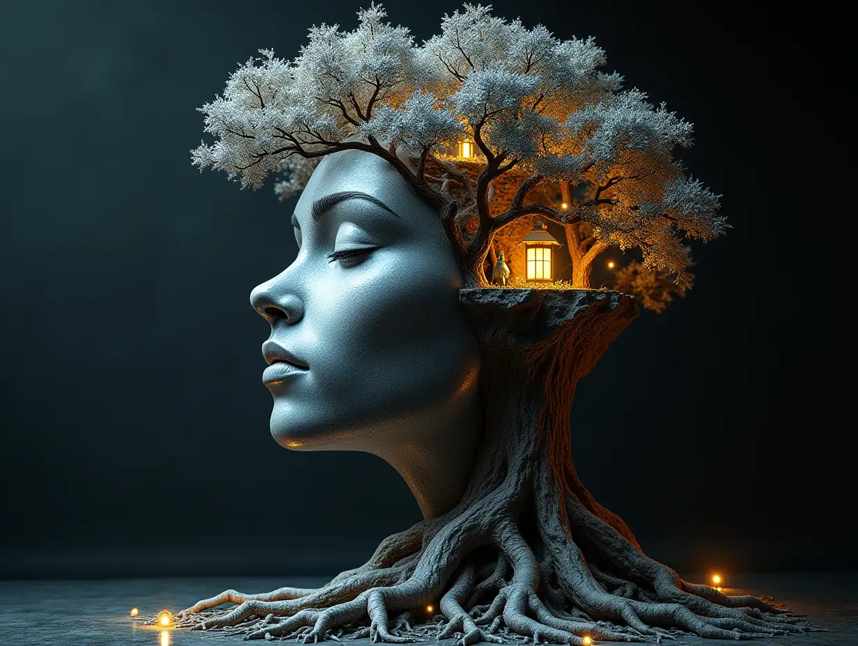 Face with hair transformed into building with silver stone and Illuminated trees with roots and lantern