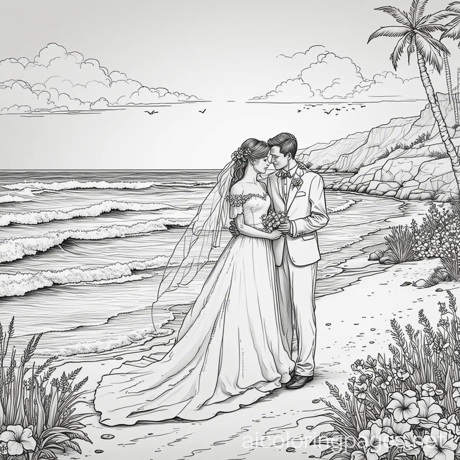 Seaside-Wedding-Coloring-Page-Black-and-White-Line-Art-for-Children