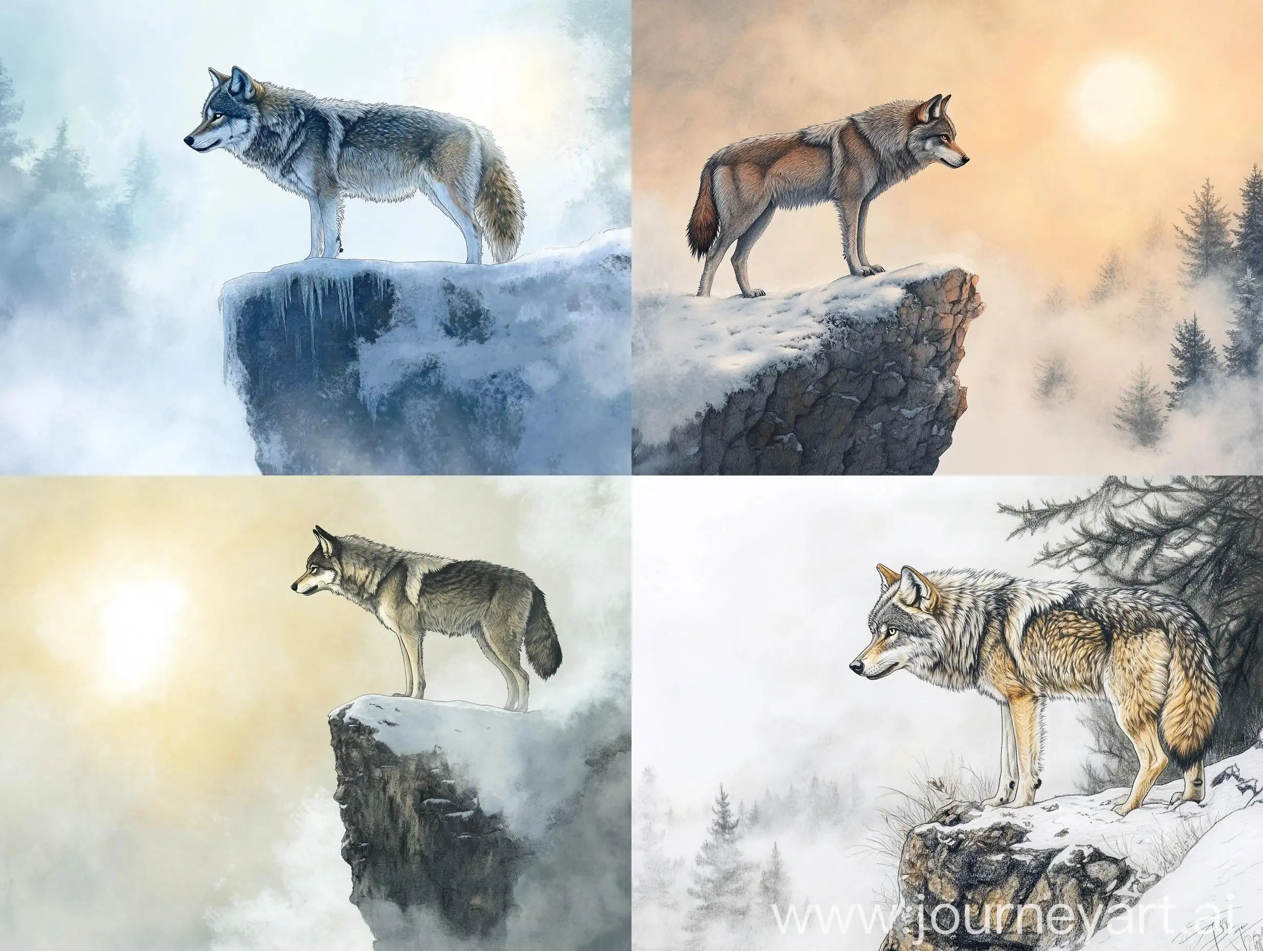 Lone-Wolf-on-Snowy-Cliff-in-Misty-Morning-Light