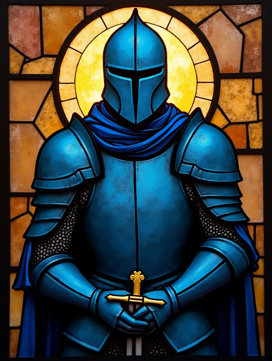 Stained glass paper art knight dark blue with brown background