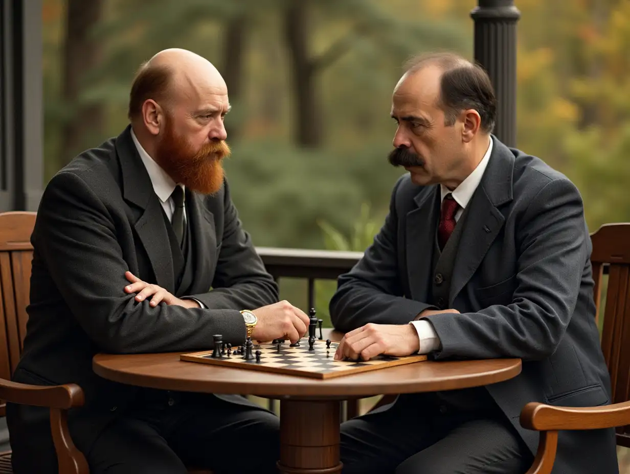 Ulyanov Lenin bald with red short beard and mustache and Maxim Gorky thin and with large mustaches are sitting on the veranda at a table and playing checkers