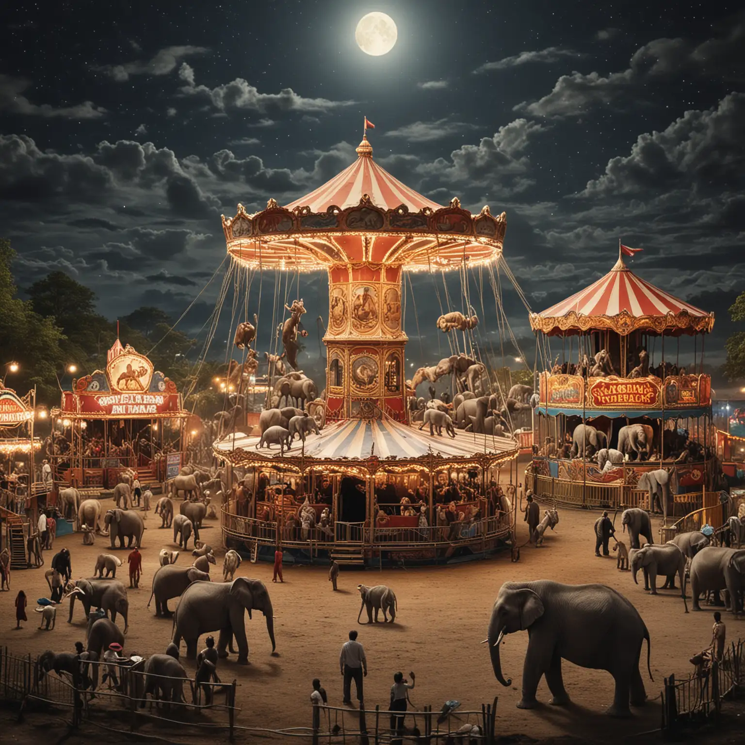 Nighttime Fairground with Monkeys and Elephants